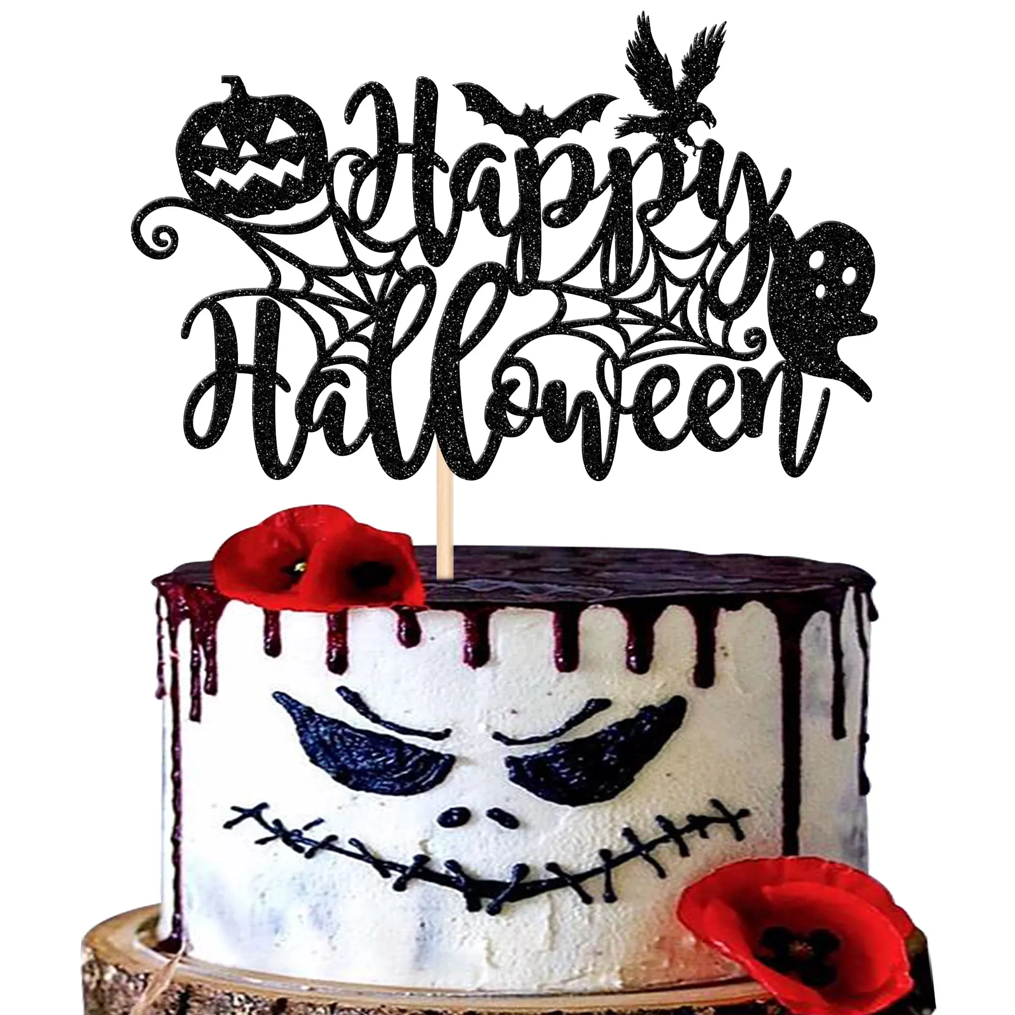 1-pcs-happy-halloween-cake-topper-black-glitter-spider-web-pumpkin-bat 1 Pcs Happy Halloween Cake Topper Black Glitter Spider Web Pumpkin Bat