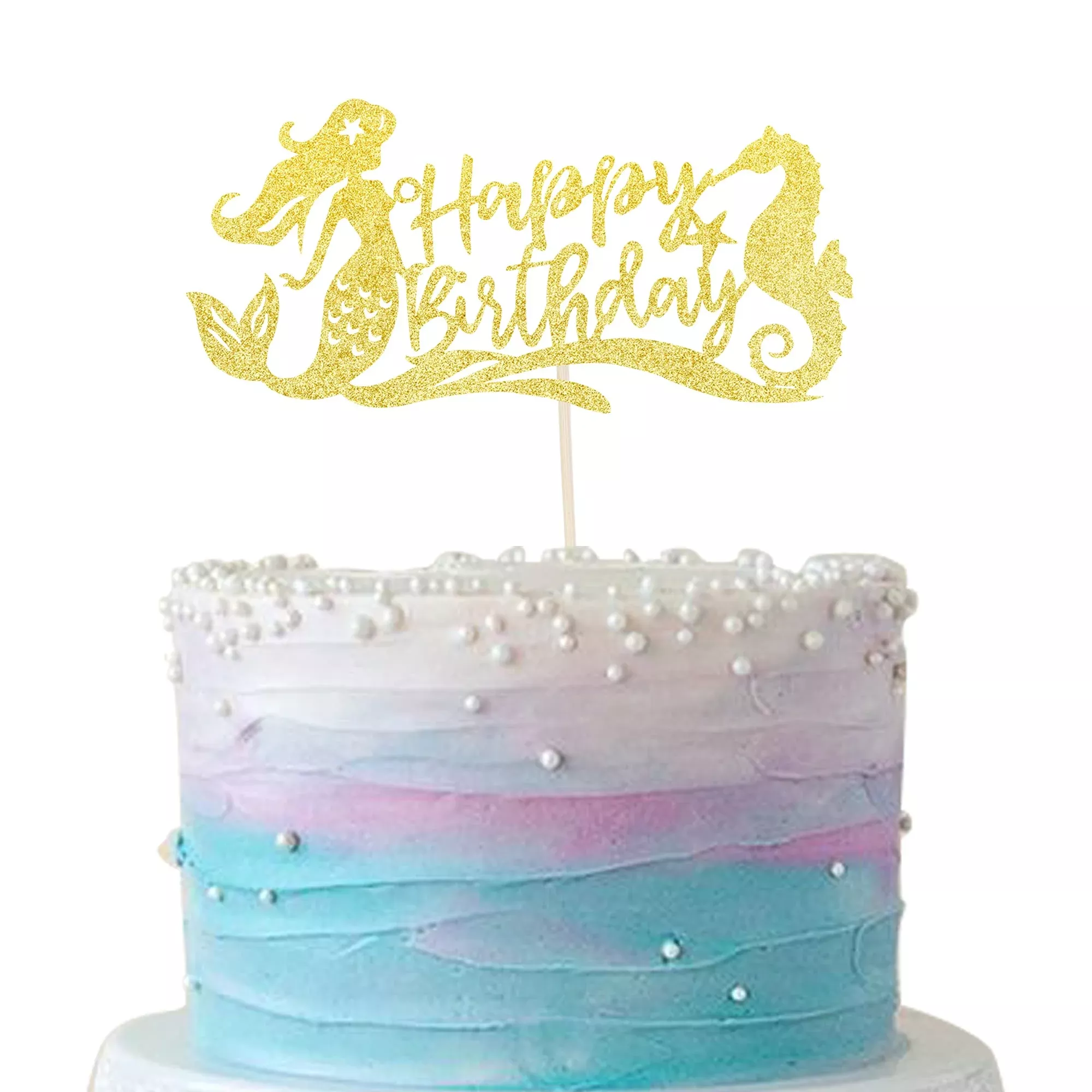 1-pcs-mermaid-theme-happy-birthday-cake-topper-with-seahorse-glitter-u 1 Pcs Mermaid Theme Happy Birthday Cake Topper With Seahorse Glitter U