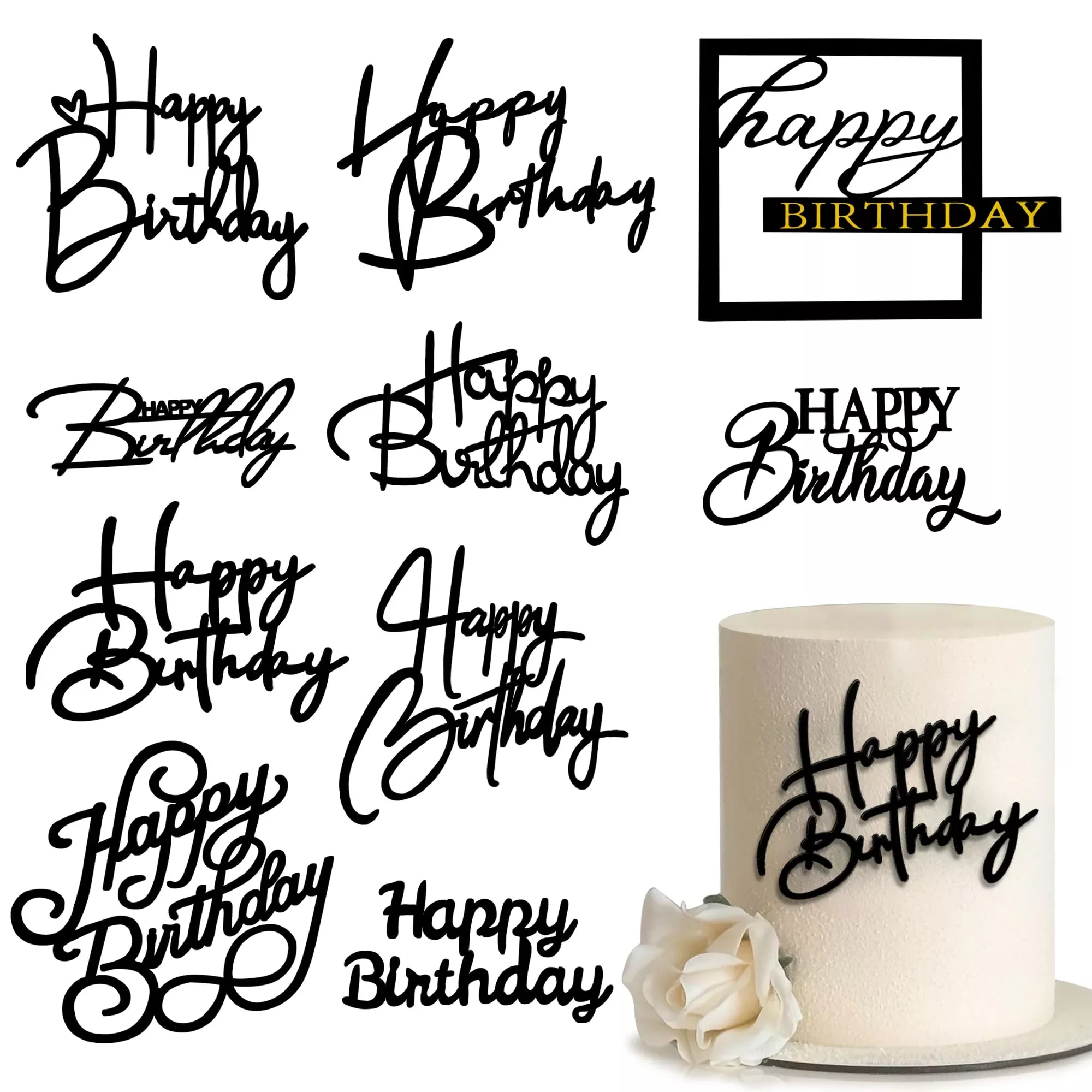 10 Pcs Black Happy Birthday Cake Toppers Mirror Acrylic Cake Topper Si