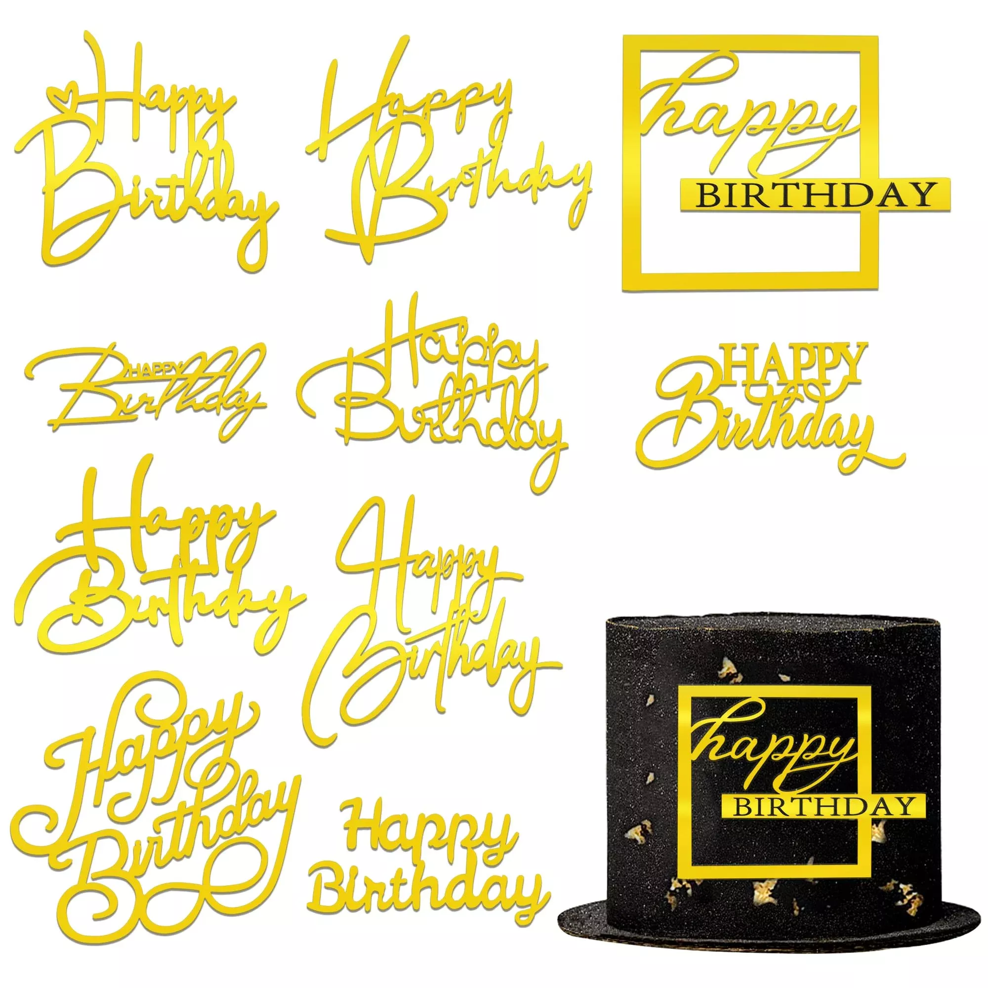 10 Pcs Gold Happy Birthday Cake Toppers Mirror Acrylic Cake Topper Side Cake Decorations Gold Cake Inserts Cake Decorating Suppl
