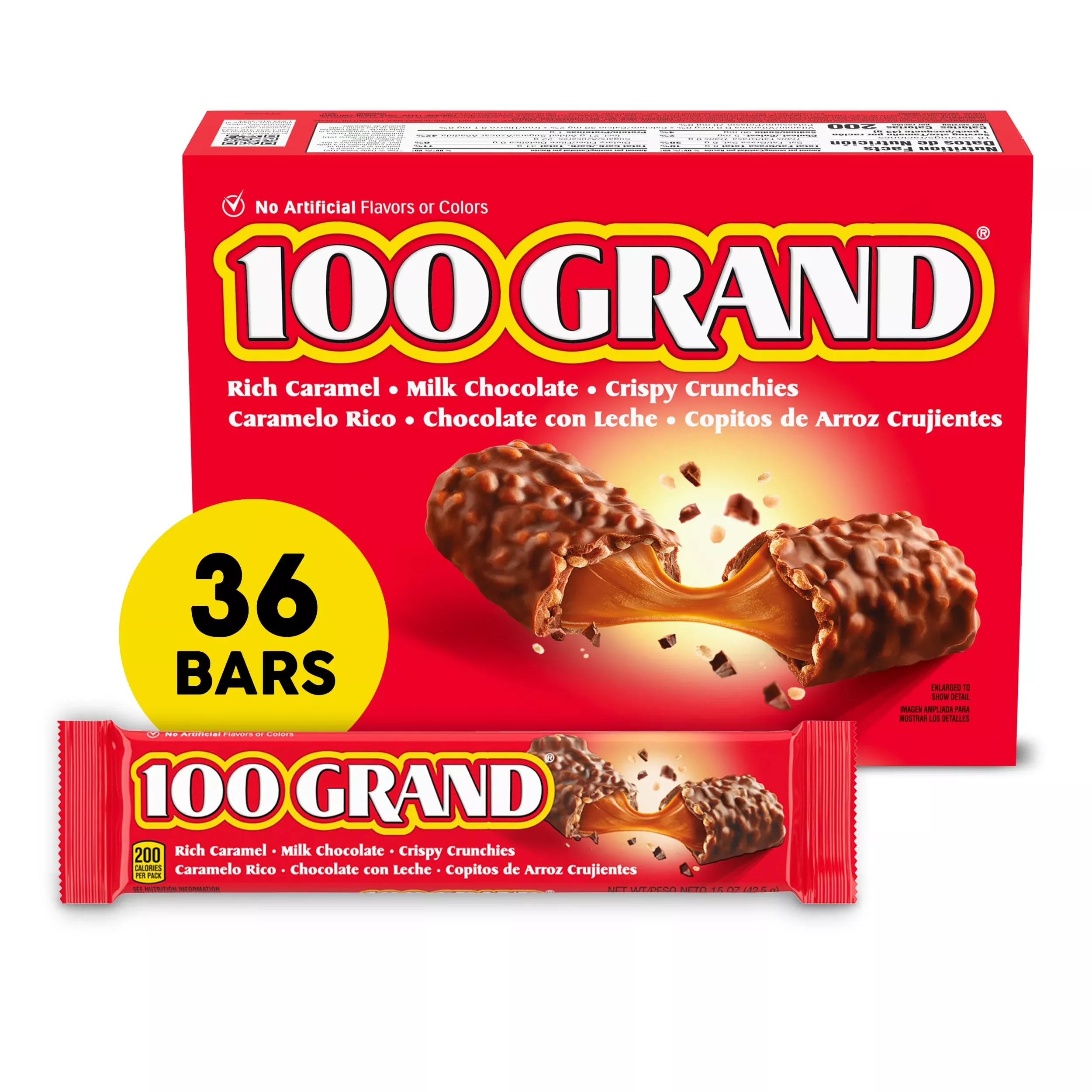 100 Grand Crispy Milk Chocolate With Caramel, Full Size Individually Wrapped Candy Bars, 1.5 Oz Each, Bulk 36 Count Box