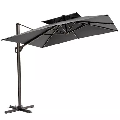 11-dark-gray-polyester-round-tilt-cantilever-patio-umbrella-with-stand 11' Dark Gray Polyester Round Tilt Cantilever Patio Umbrella With Stand