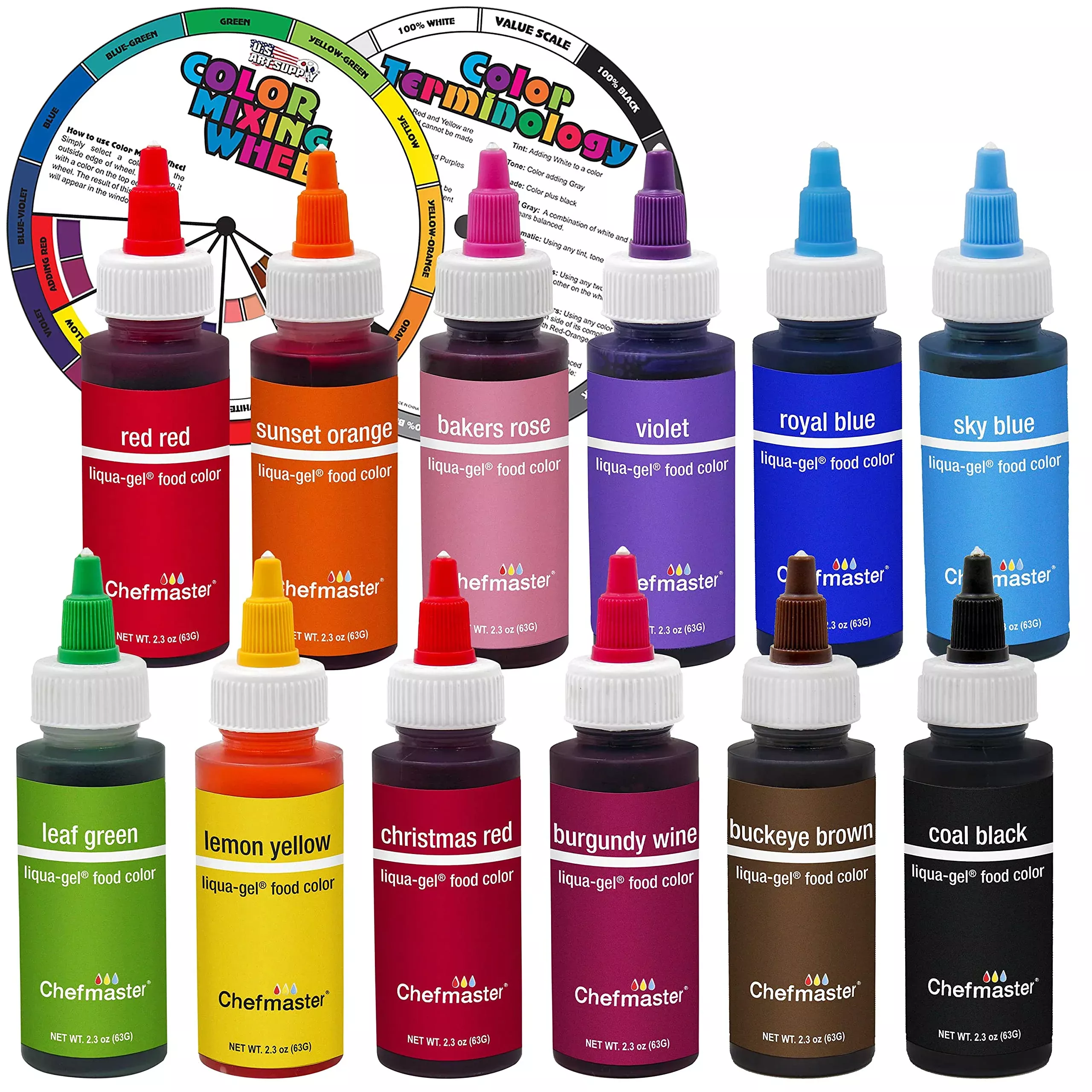 12-food-color-u-s-cake-supply-2-3-ounce-liqua-gel-cake-food-coloring-variety-pac 12 Food Color U.S. Cake Supply 2.3-Ounce Liqua-Gel Cake Food Coloring Variety Pack With Color Mixing Wheel - Made In The U.S.A.