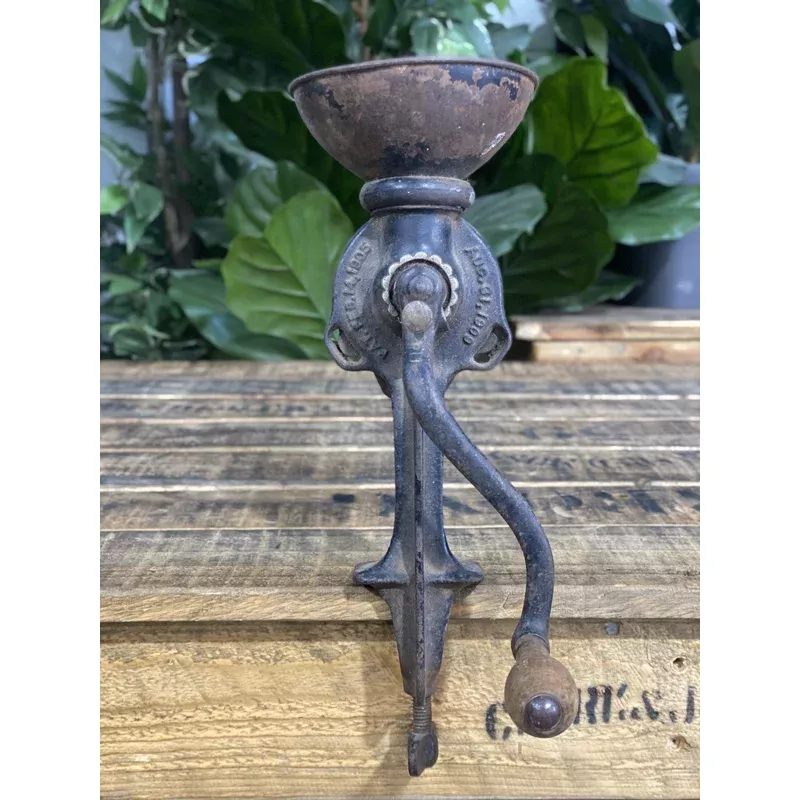 #150 1890s Cast Iron Black & Green Bench Top Hand Coffee Grinder