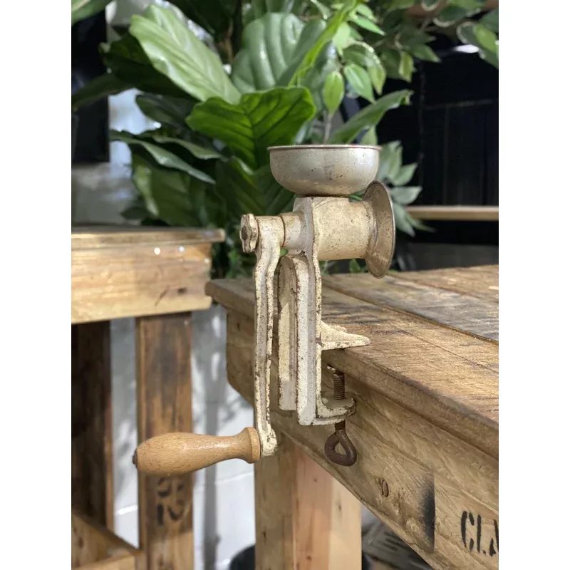 #151 1890s Small Cream Farmhouse Bench Mounted Hand Coffee Grinder