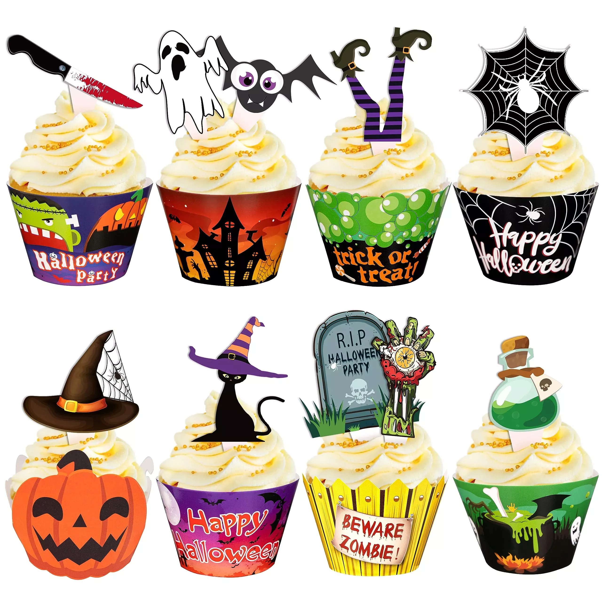 164pcs-halloween-cupcake-toppers-wrappers-spider-web-pumpkin-zombie 164Pcs Halloween Cupcake Toppers Wrappers - Spider Web Pumpkin Zombie