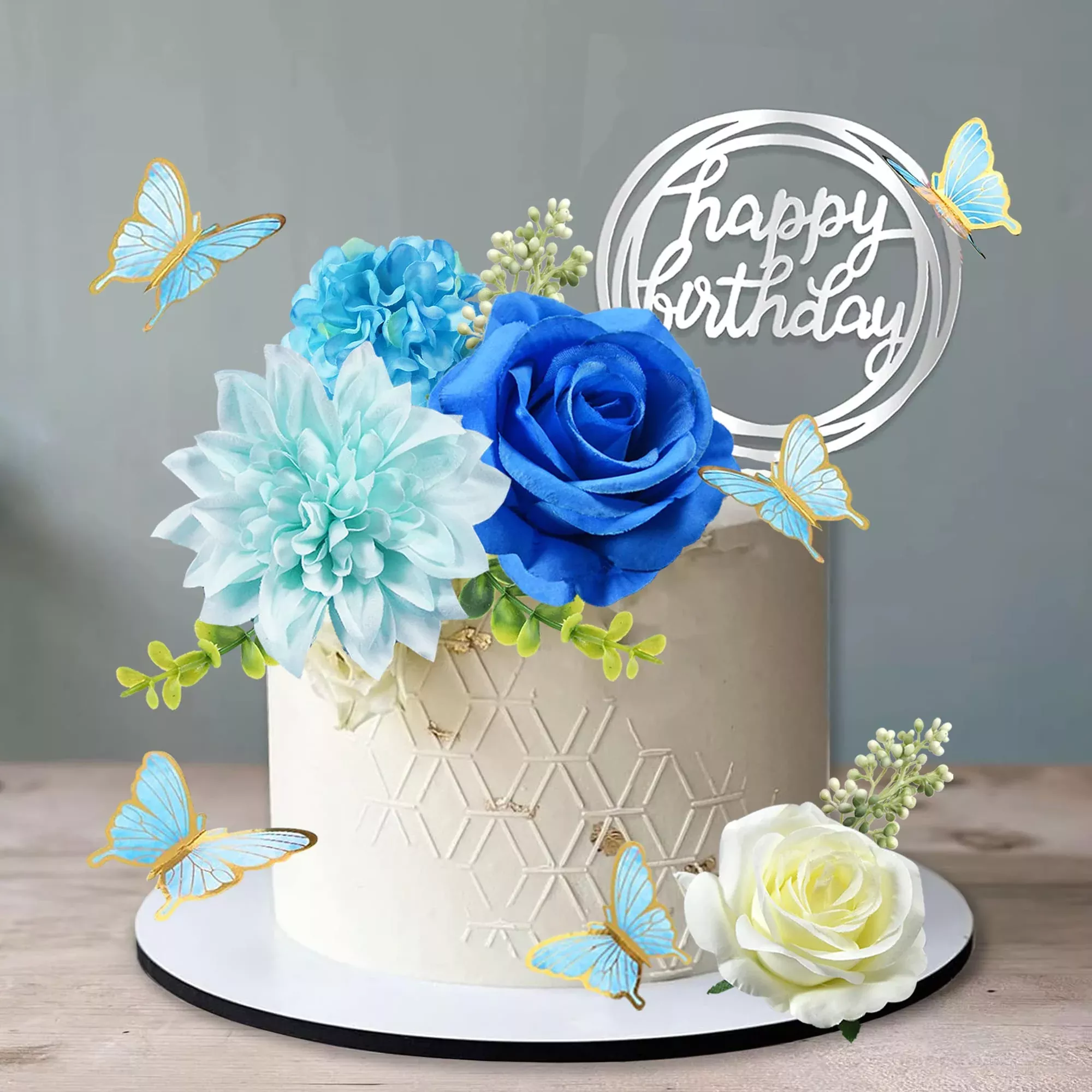 19-pcs-flower-cake-toppers-butterfly-cake-decorations-happy-birthday-cake-topper 19 Pcs Flower Cake Toppers Butterfly Cake Decorations Happy Birthday Cake Toppers With Artificial Blue Rose Flowers Eucalyptus B