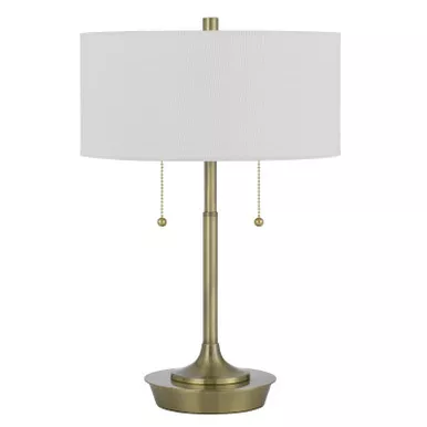 20-antiqued-brass-metal-two-light-table-lamp-with-white-drum-shade 20" Antiqued Brass Metal Two Light Table Lamp With White Drum Shade