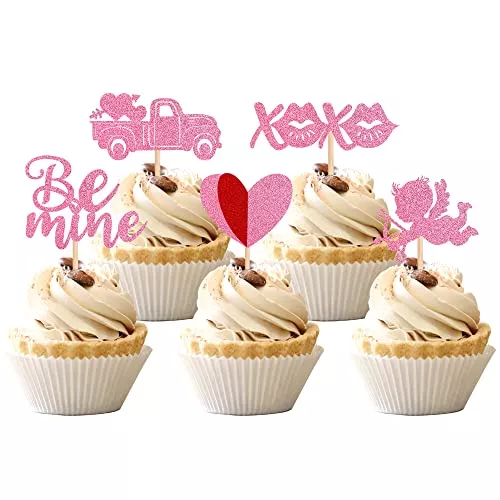 30-pcs-valentine-s-day-cupcake-toppers-glitter-double-layers-love-heart-car-cupi 30 Pcs Valentine'S Day Cupcake Toppers Glitter Double Layers Love Heart Car Cupid Be Mine Cupcake Picks Decorations For Valentin