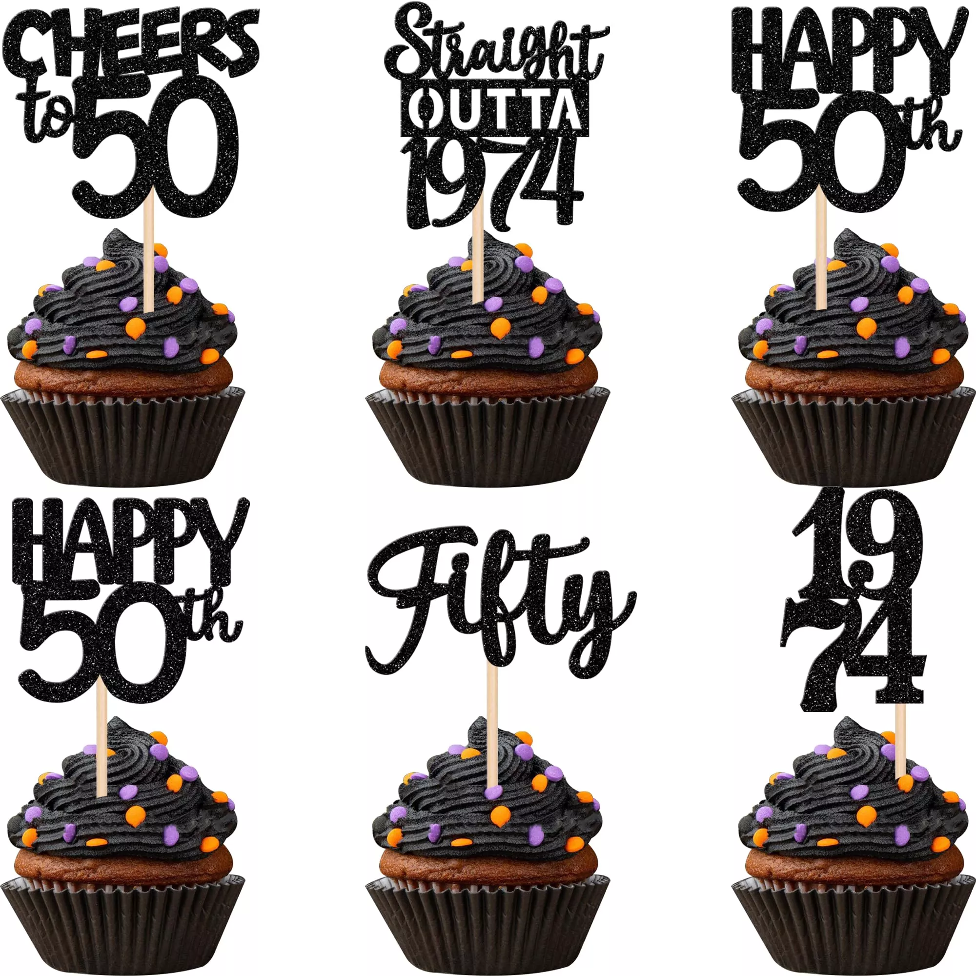 30pcs-black-50th-birthday-cupcake-toppers-glitter-fifty-happy-50th-straight-outt 30Pcs Black 50Th Birthday Cupcake Toppers Glitter Fifty Happy 50Th Straight Outta 1974 Cupcake Picks For Cheers To 50 Years 50Th