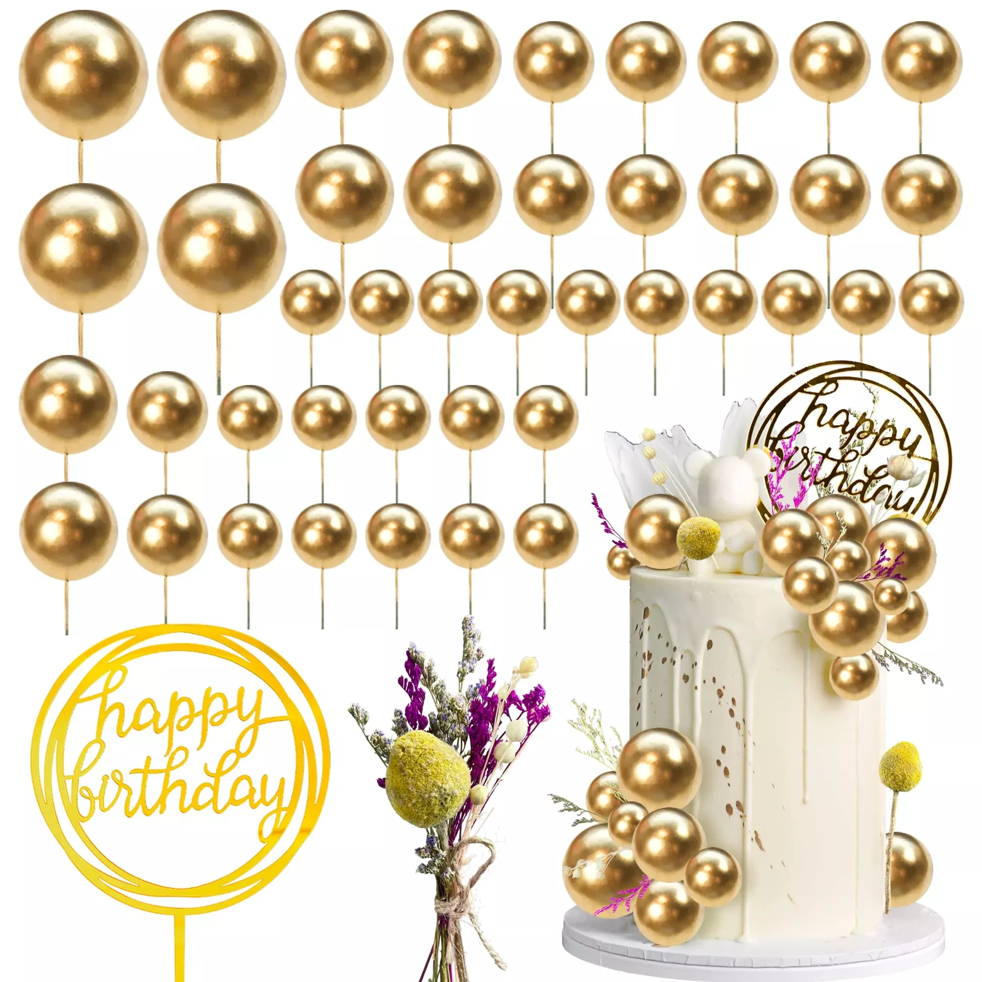 44-pcs-mini-balls-cake-topper-diy-cake-insert-topper-foam-cake-balls-faux-pearl- 44 Pcs Mini Balls Cake Topper Diy Cake Insert Topper Foam Cake Balls Faux Pearl Balls Artificial Dried Flowers Baking Decoration