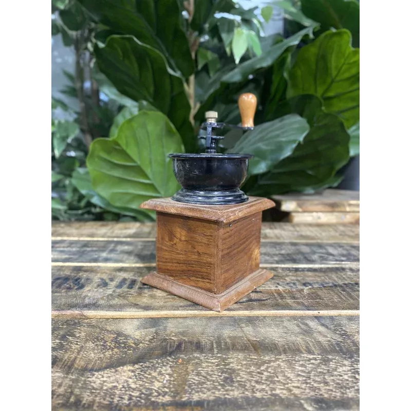 #504 1950s Small Wooden Square Hand Coffee Grinder & Pull Out Drawer