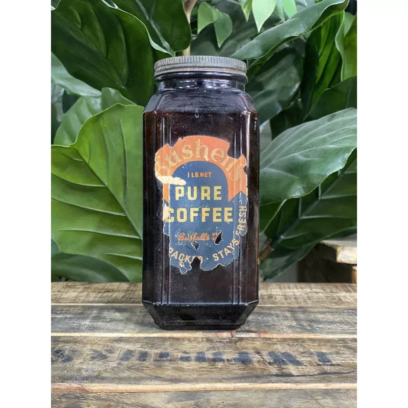 #51 1920s Bushels Vacuum Packed Pure Coffee Jar & Lid
