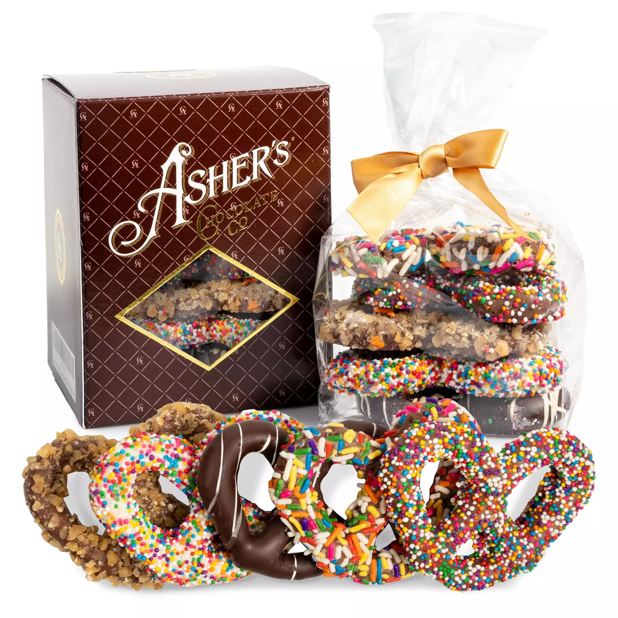 asher-s-chocolates-chocolate-covered-pretzels-gift-basket-holiday-assortment-can Asher'S Chocolates, Chocolate Covered Pretzels Gift Basket, Holiday Assortment Of Candy, Small Batches Of Kosher Chocolate, Family Owned Since 1892, Improved Box Design (Milk & Dark)