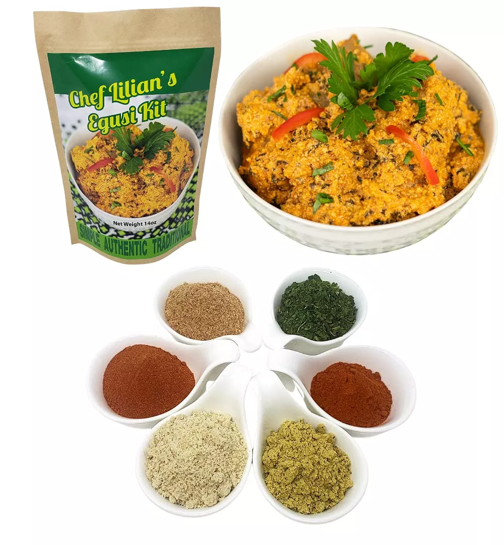 Chef Lilian'S Egusi Kit- Nigerian West African Food Kit With Ground Melon Seeds (Egusi), Dehydrated Spinach, Traditional Seasoni