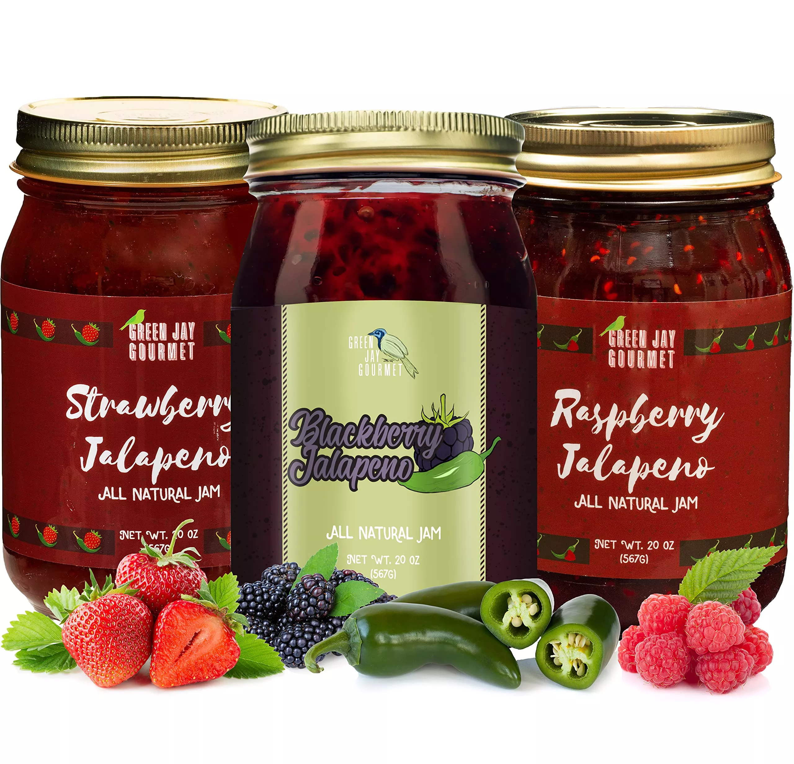 green-jay-gourmet-spicy-jam-variety-pack-all-natural-raspberry-jalapeno-jam-stra Green Jay Gourmet Spicy Jam Variety Pack - All-Natural Raspberry Jalapeno Jam, Strawberry Jalapeno Jam, Blackberry Jalapeno Jam