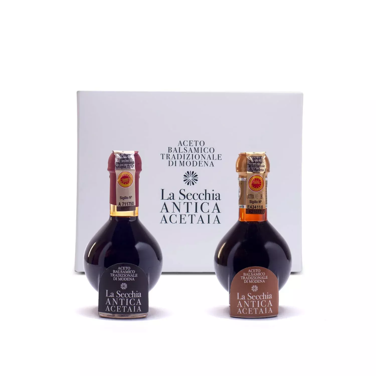 la-secchia-duetto-traditional-balsamic-vinegar-modena-dop-with-aging-20-35-years La Secchia - Duetto Of Traditional Balsamic Vinegar Of Modena Dop With Aging Of 20 And 35 Years, Two Bottles Of 100 Ml With Glas