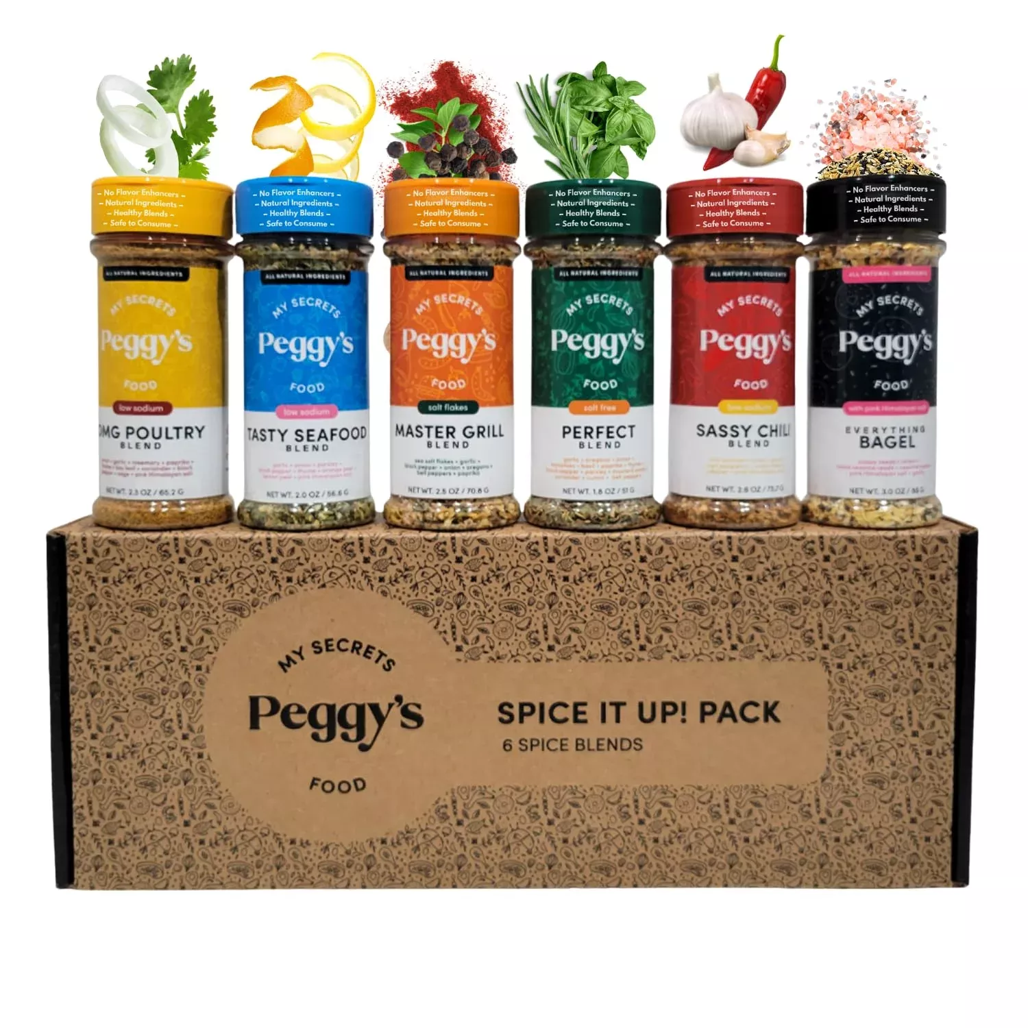 My Secrets Peggys Food Spice It Up Pack Seasoning Jars Set Of 6 - Ultimate Kitchen Seasoning Set For Grilling Roasting Or Baking