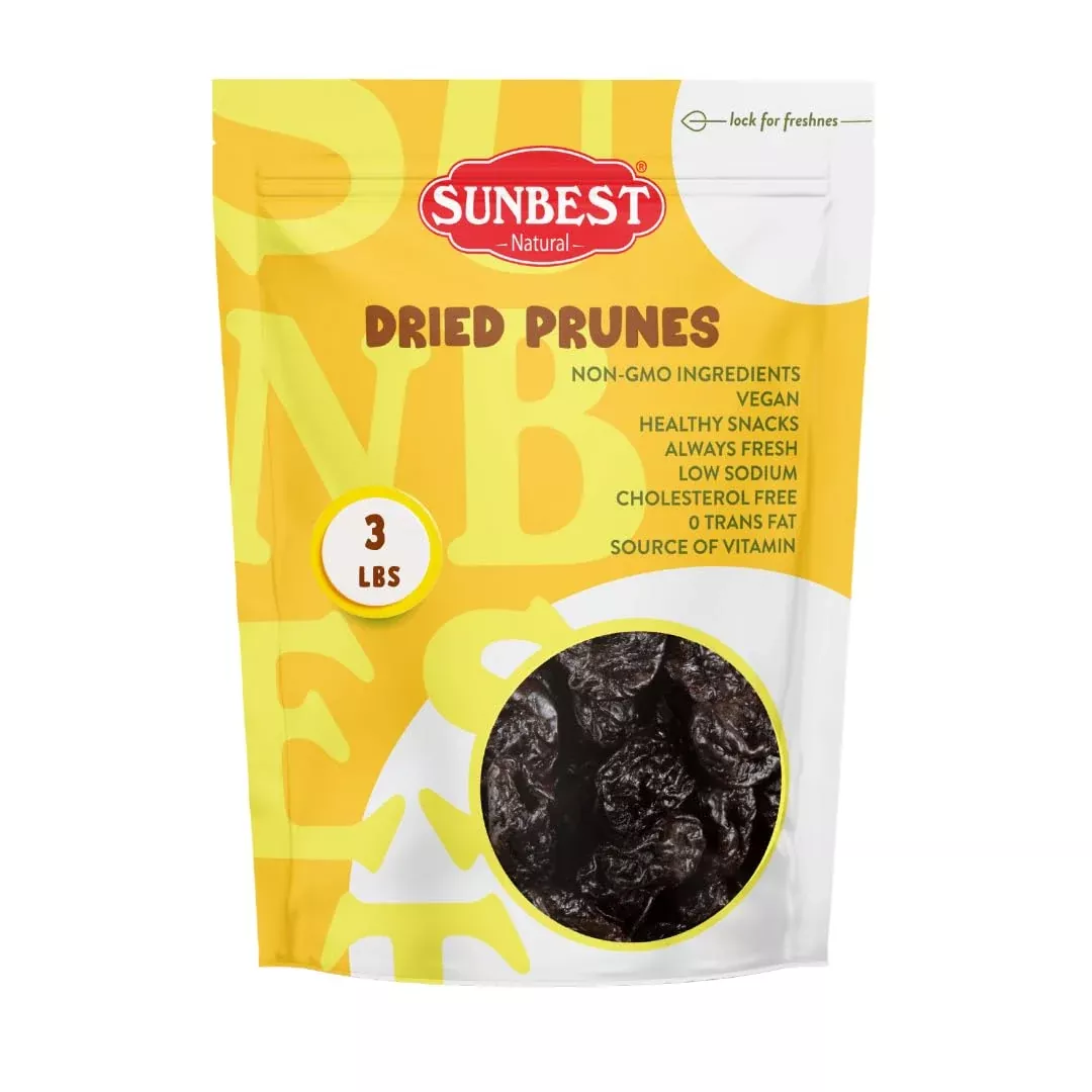 sunbest-natural-jumbo-pitted-prunes-48oz-3lb-1-pack-tender-succulent-nutrient-ri Sunbest Natural Jumbo Pitted Prunes 48Oz (3Lb) 1 Pack - Tender, Succulent, Nutrient, Rich Snack - Fiber & Antioxidants Source - Kosher Certified - Ideal For Snacking & Cooking - Long Lasting Freshness