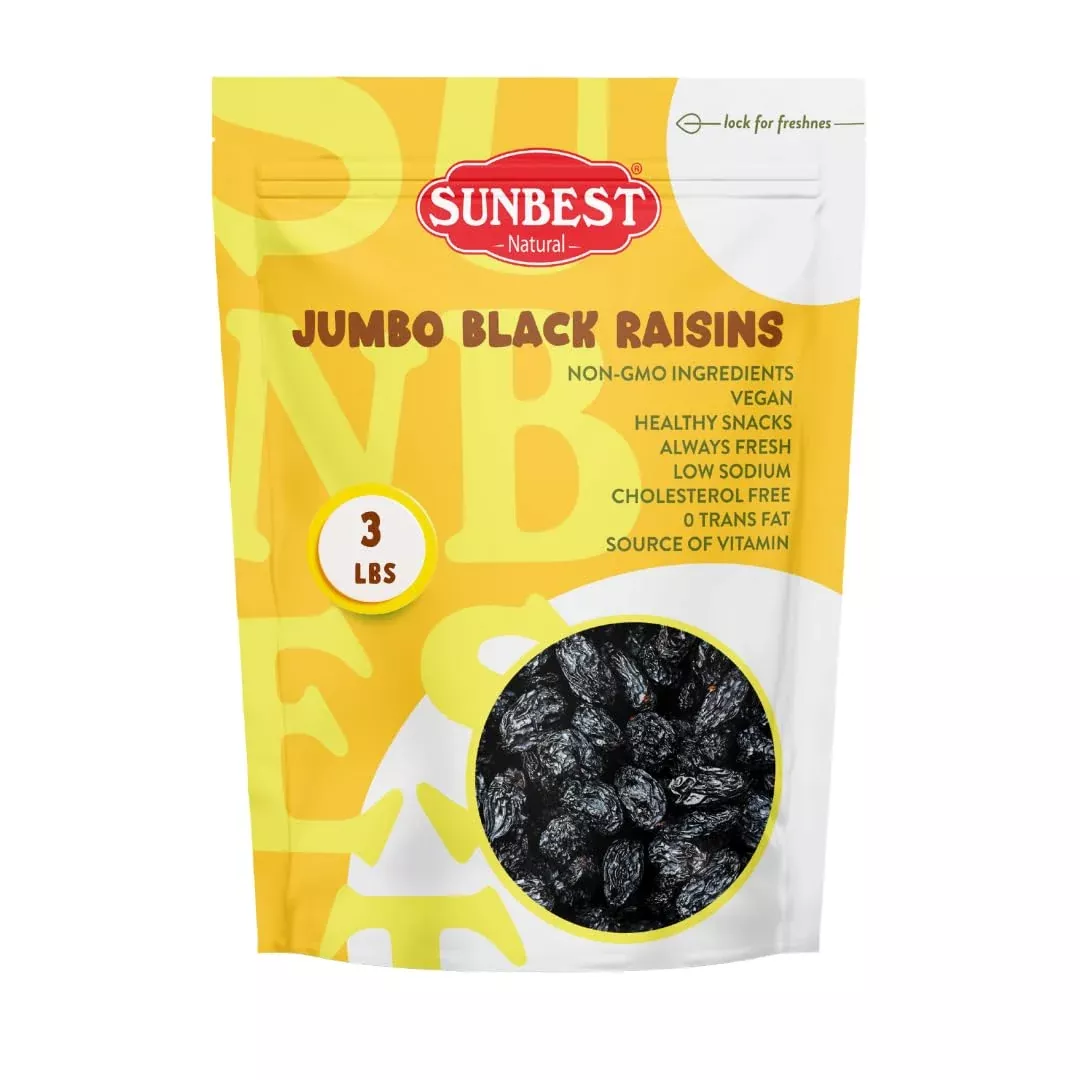 sunbest-natural-jumbo-raisins-black-48-oz-3-lbs-plump-juicy-rich-in-healthful-nu Sunbest Natural Jumbo Raisins Black 48 Oz (3 Lbs) - Plump & Juicy, Rich In Healthful Nutrients & Dietary Fiber - Resealable Bag - Ideal For Snacking, Cooking & Baking - Long Lasting Freshness