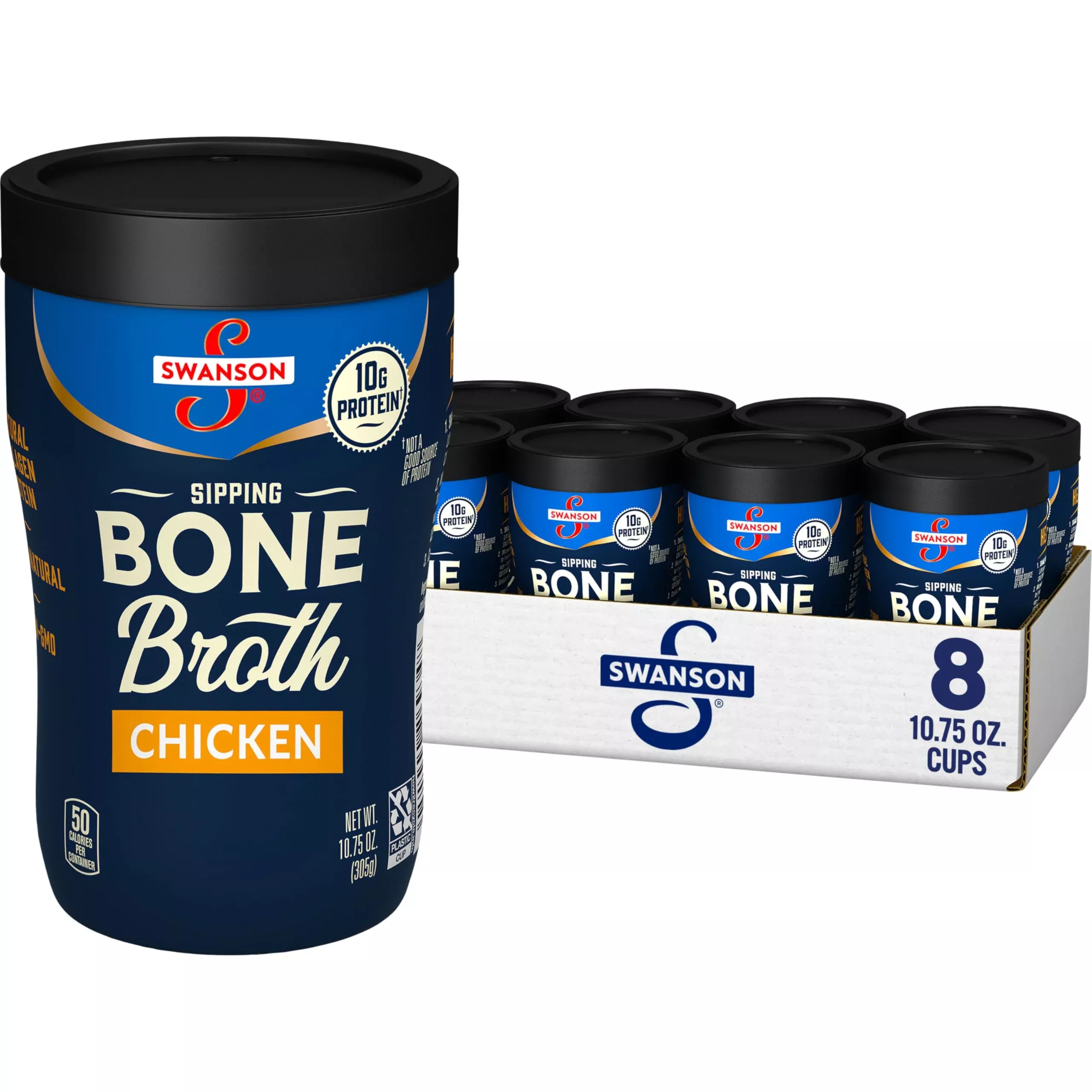 Swanson Sipping Chicken Bone Broth, 10.75 Oz Microwavable Cup (8 Pack)