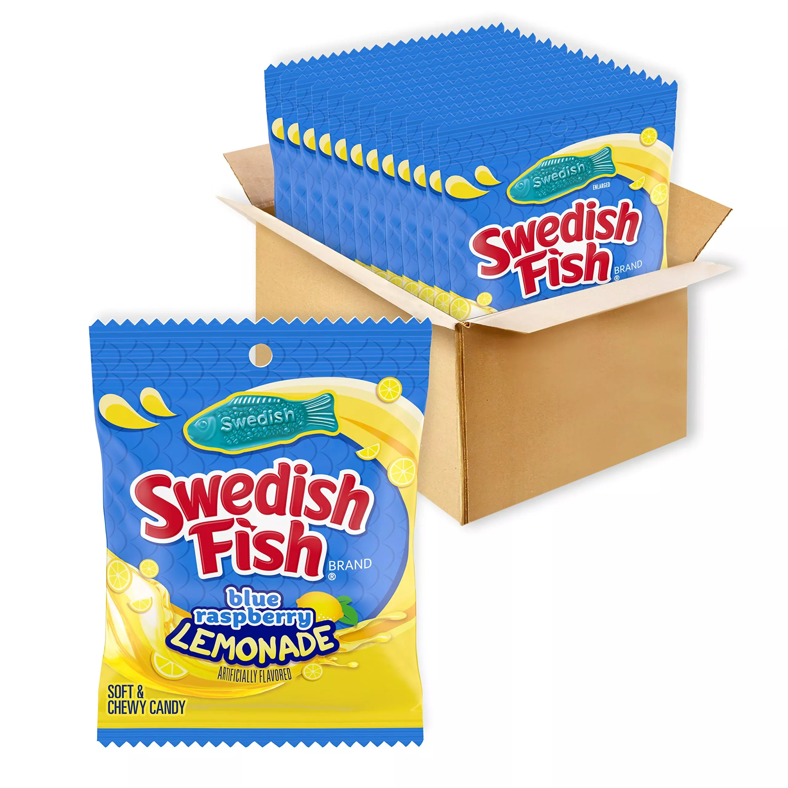 Swedish Fish Blue Raspberry Lemonade Soft & Chewy Candy, Bulk Candy, 12-3.59 Oz Bags