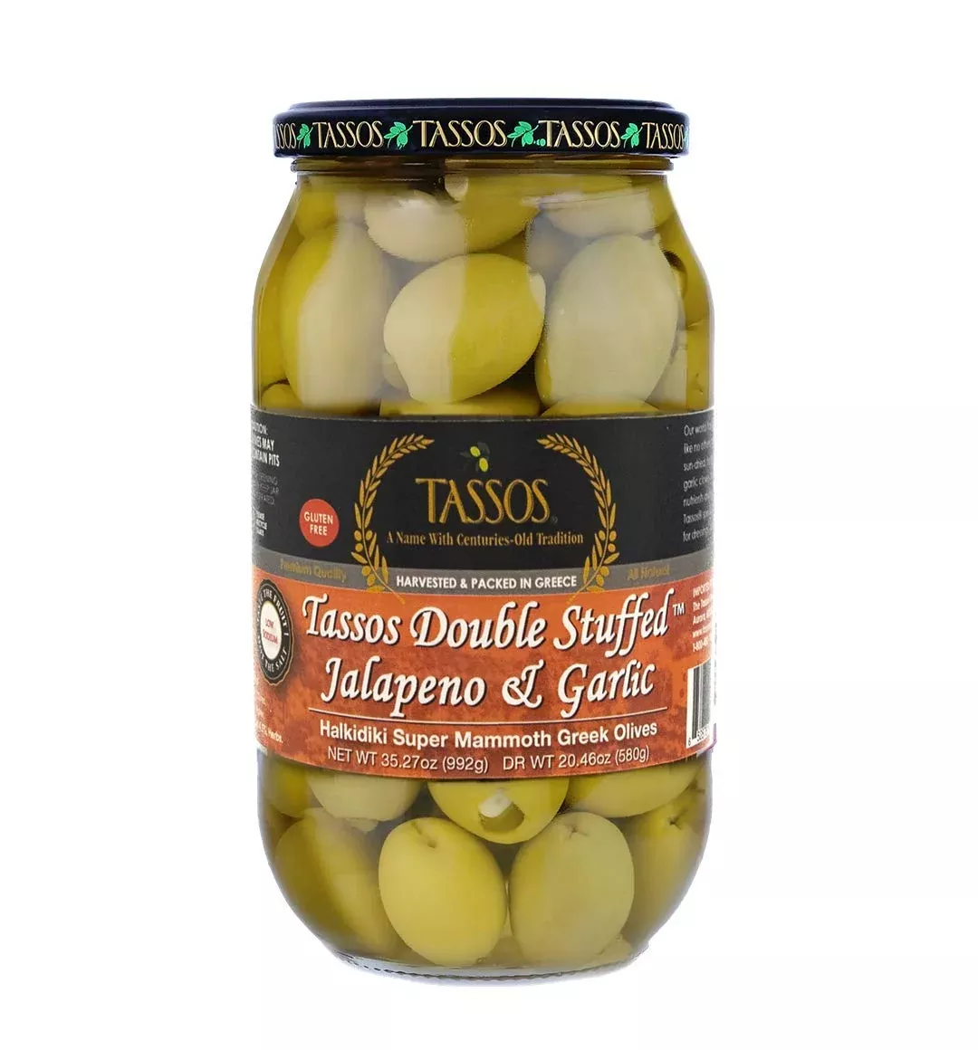 tassos-double-stuffed-jalapeno-garlic-super-mammoth-olives-imported-from-greece- Tassos Double Stuffed Jalapeno And Garlic Super Mammoth Olives Imported From Greece 35.27Oz