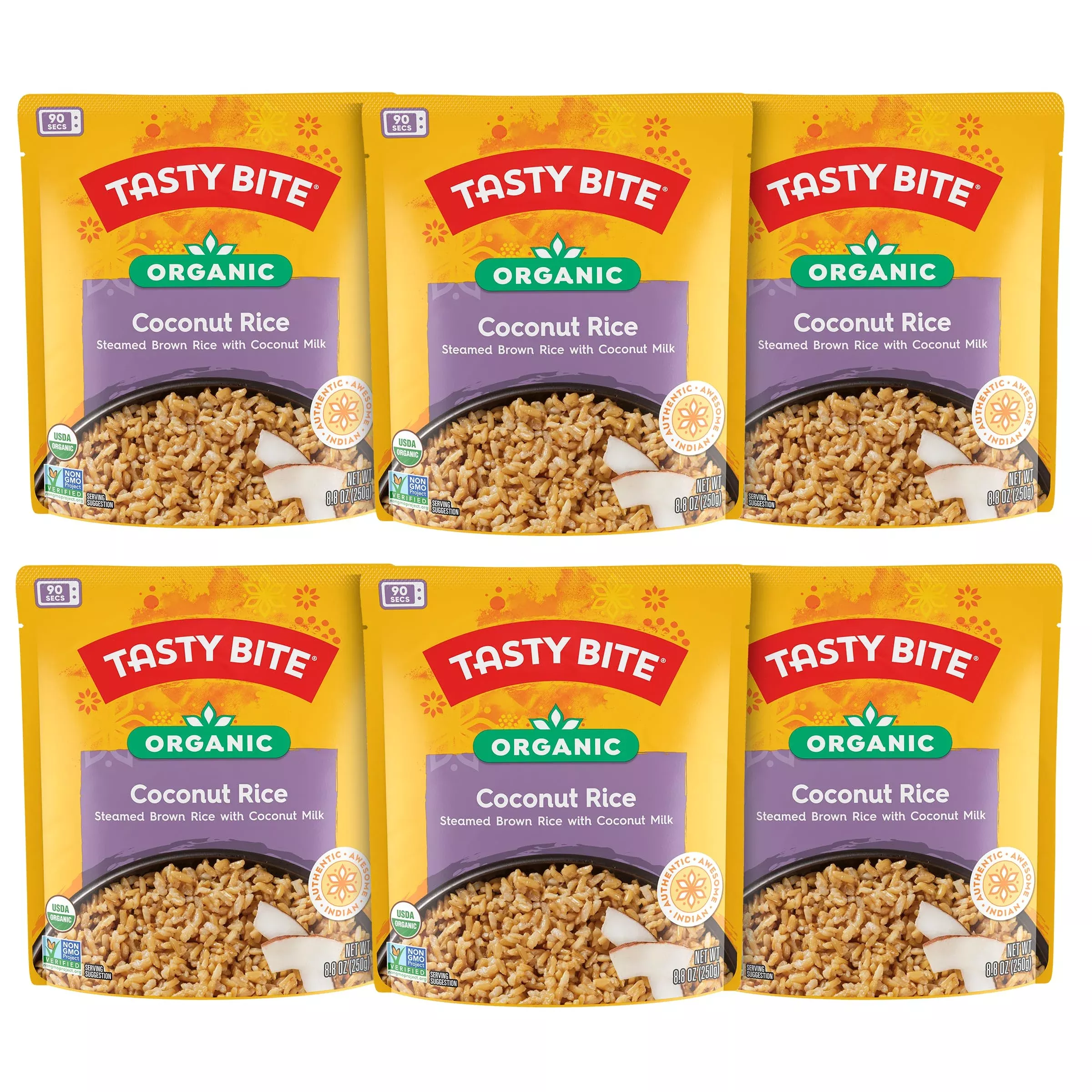 Tasty Bite Organic Coconut Rice, 8.8 Ounce, Pack Of 6, Ready To Eat, Microwavable, Vegan, Gluten-Free