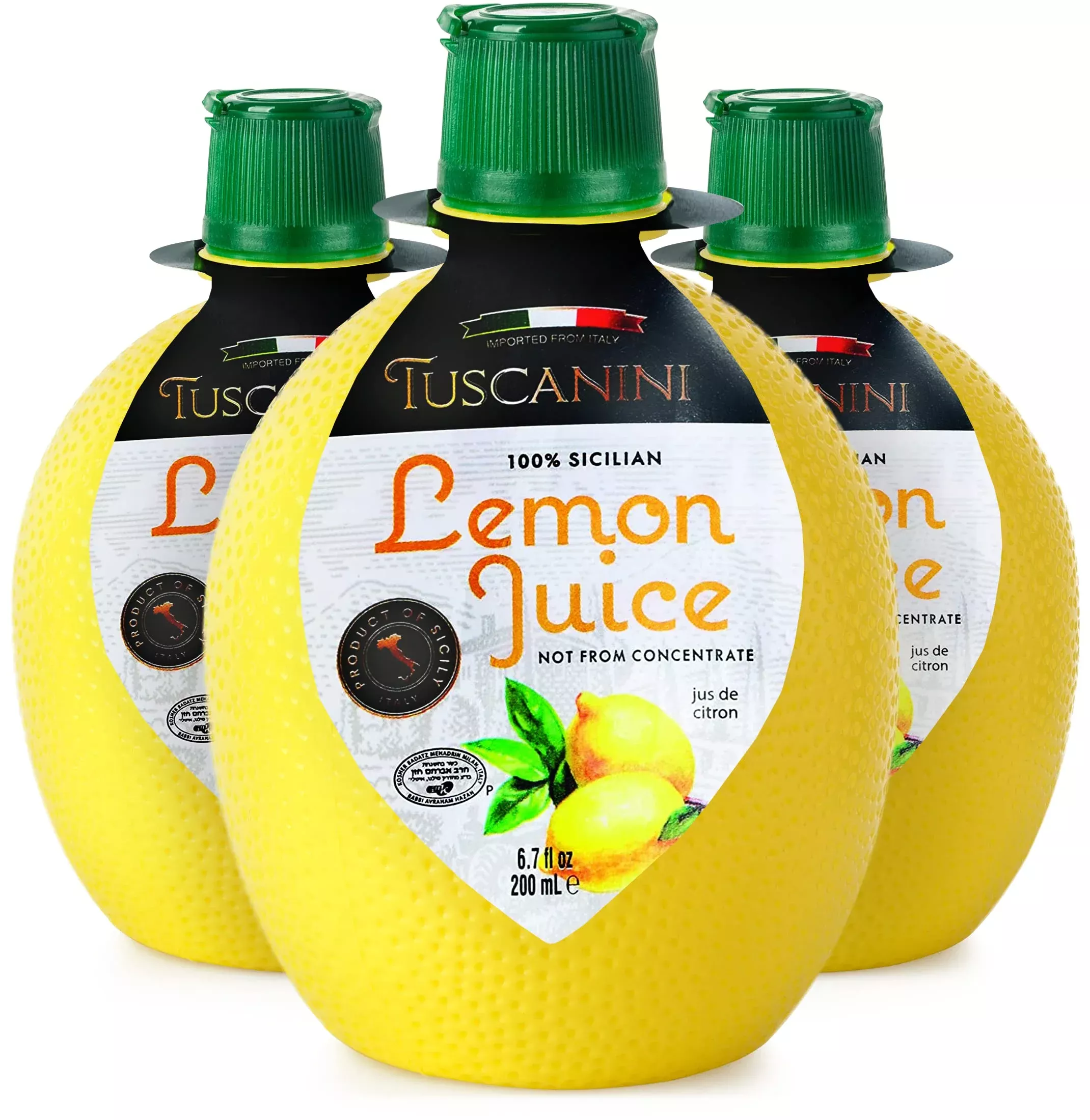 Tuscanini 100% Sicilian Lemon Juice, Not From Concentrate, 6.7Oz Lemon Shaped Squeeze Bottle (3 Pack) No Water Added