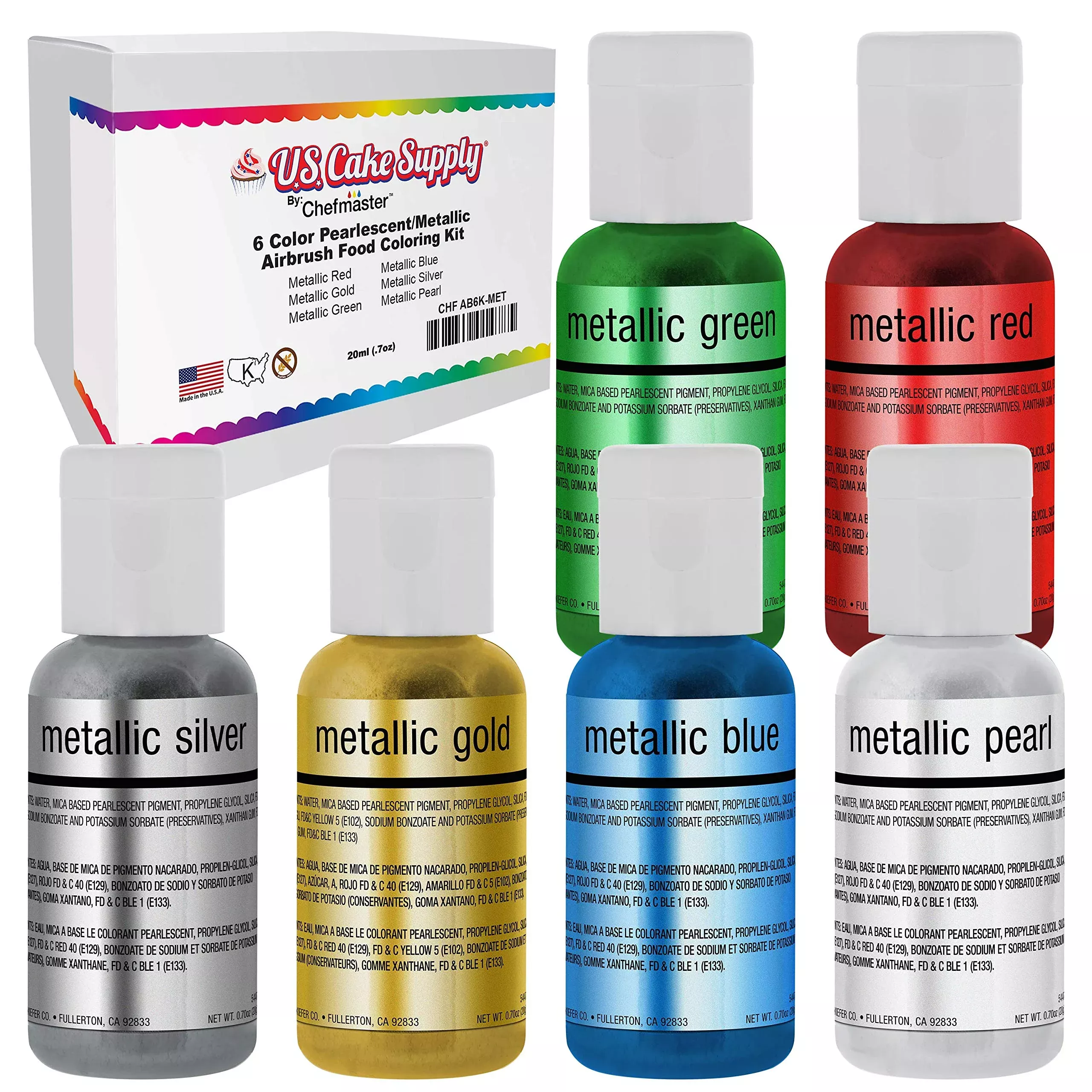 u-s-cake-supply-airbrush-cake-pearlescent-shimmer-metallic-color-set-6-most-popu U.S. Cake Supply Airbrush Cake Pearlescent Shimmer Metallic Color Set - The 6 Most Popular Metallic Colors In 0.64 Fl. Oz. (19Ml) Bottles - Safely Made In The Usa Product