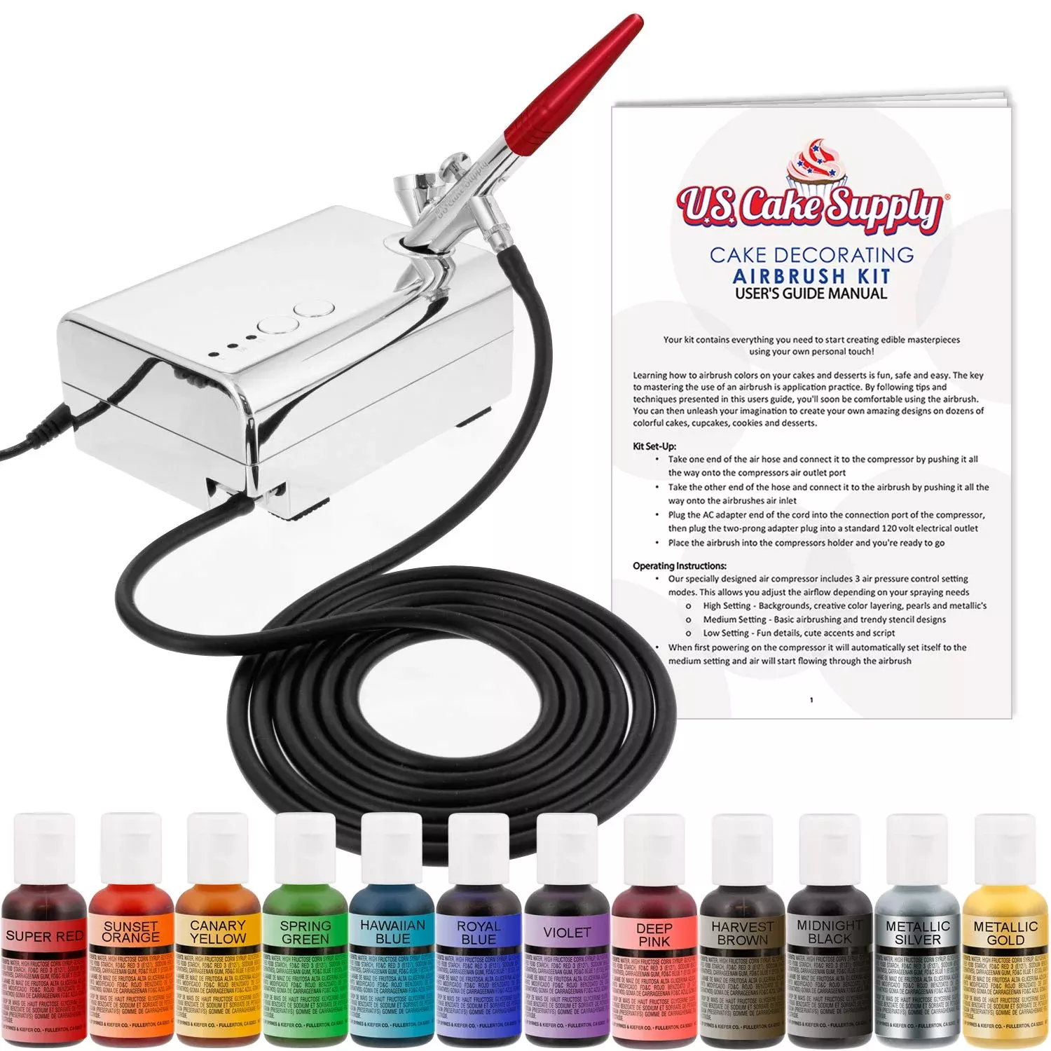 u-s-cake-supply-complete-cake-decorating-airbrush-kit-with-full-selection-12-viv U.S. Cake Supply - Complete Cake Decorating Airbrush Kit With A Full Selection Of 12 Vivid Airbrush Food Colors - Decorate Cakes, Cupcakes, Cookies & Desserts