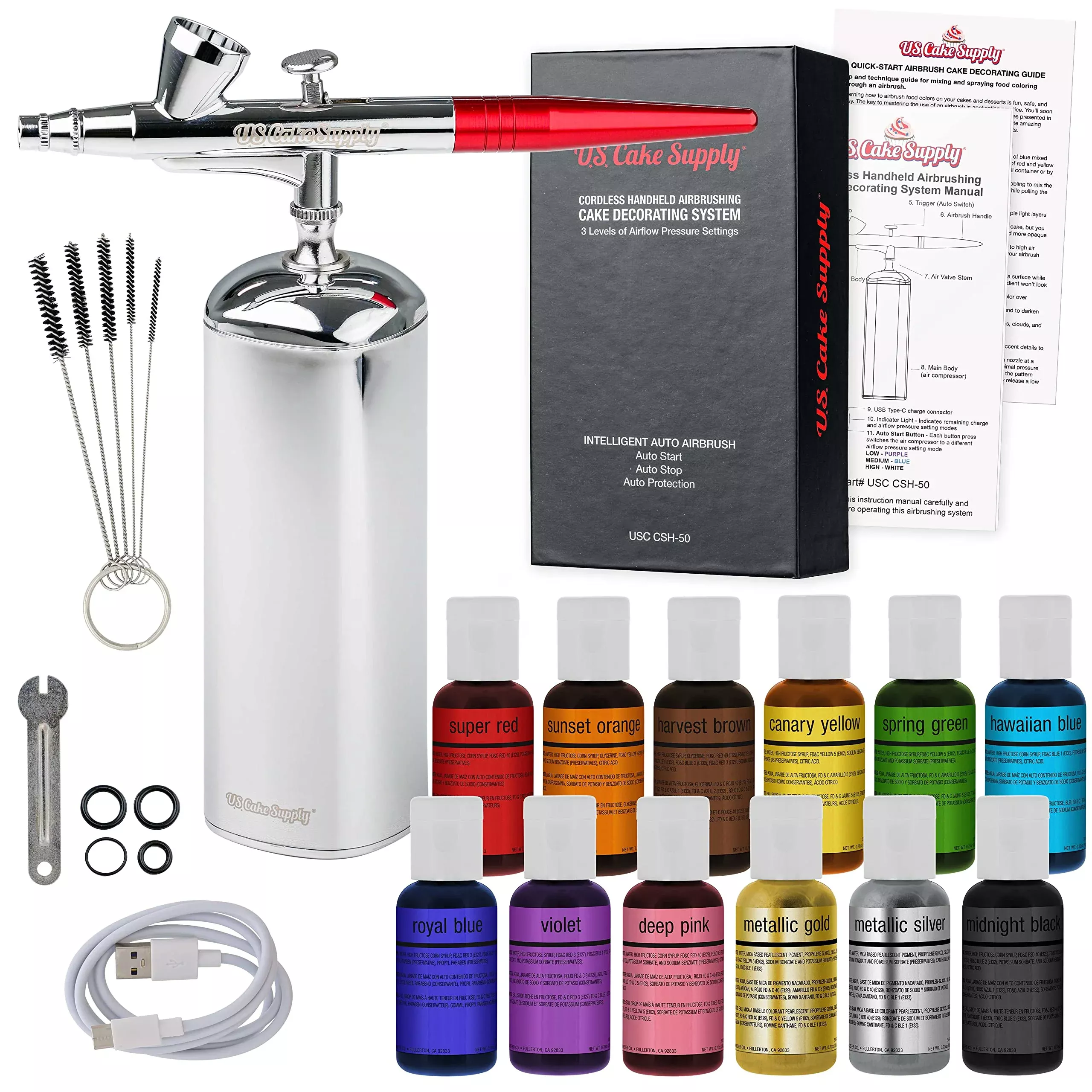 u-s-cake-supply-complete-cordless-handheld-airbrush-cake-decorating-system-profe U.S. Cake Supply - Complete Cordless Handheld Airbrush Cake Decorating System, Professional Kit With A Full Selection Of 12 Vivid Airbrush Food Colors - Decorate Cakes, Cupcakes, Cookies & Desserts