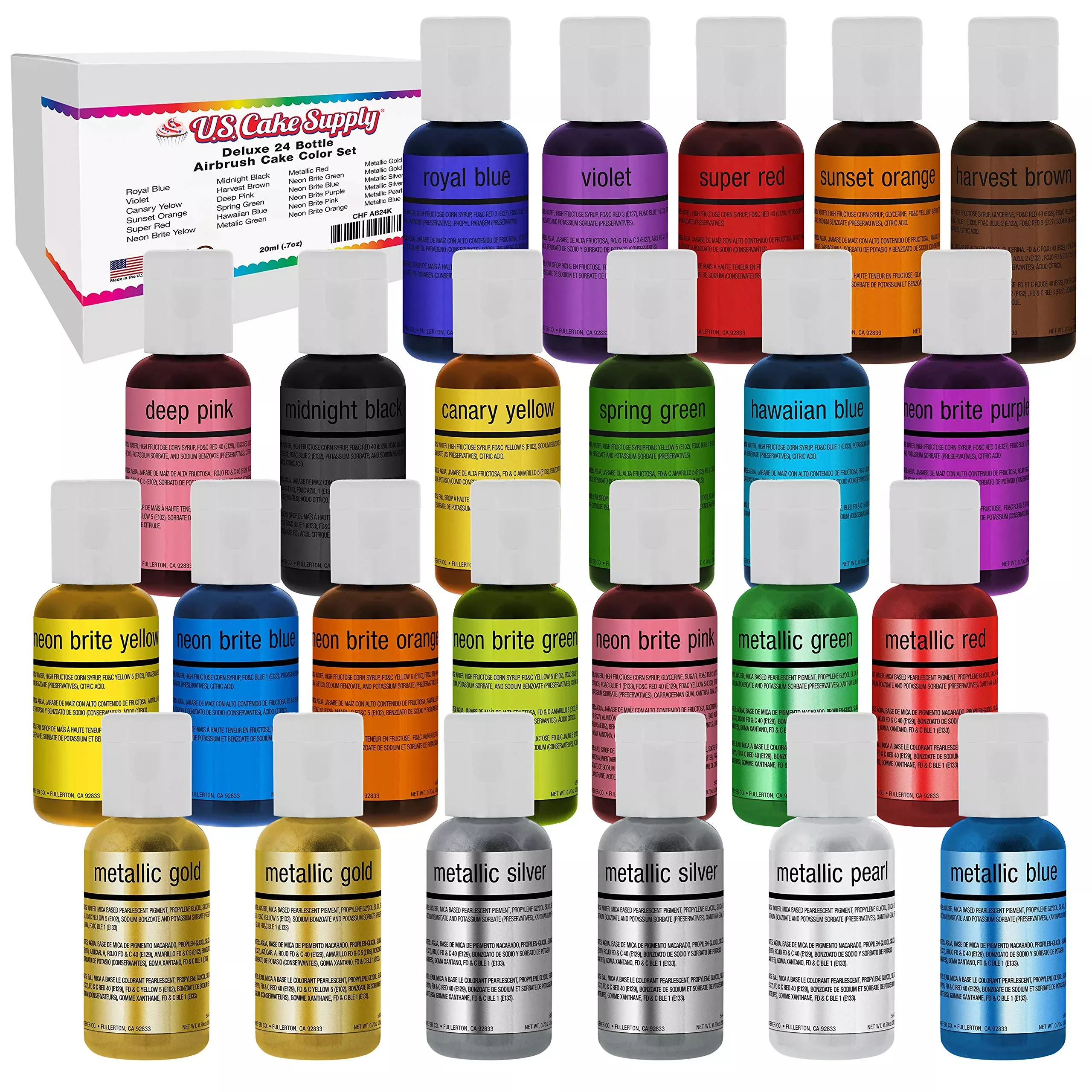 u-s-cake-supply-deluxe-24-bottle-airbrush-cake-color-set-22-most-popular-colors- U.S. Cake Supply Deluxe 24 Bottle Airbrush Cake Color Set - The 22 Most Popular Colors In 0.7 Fl. Oz. (20Ml) Bottles - Safely Made In The Usa Product