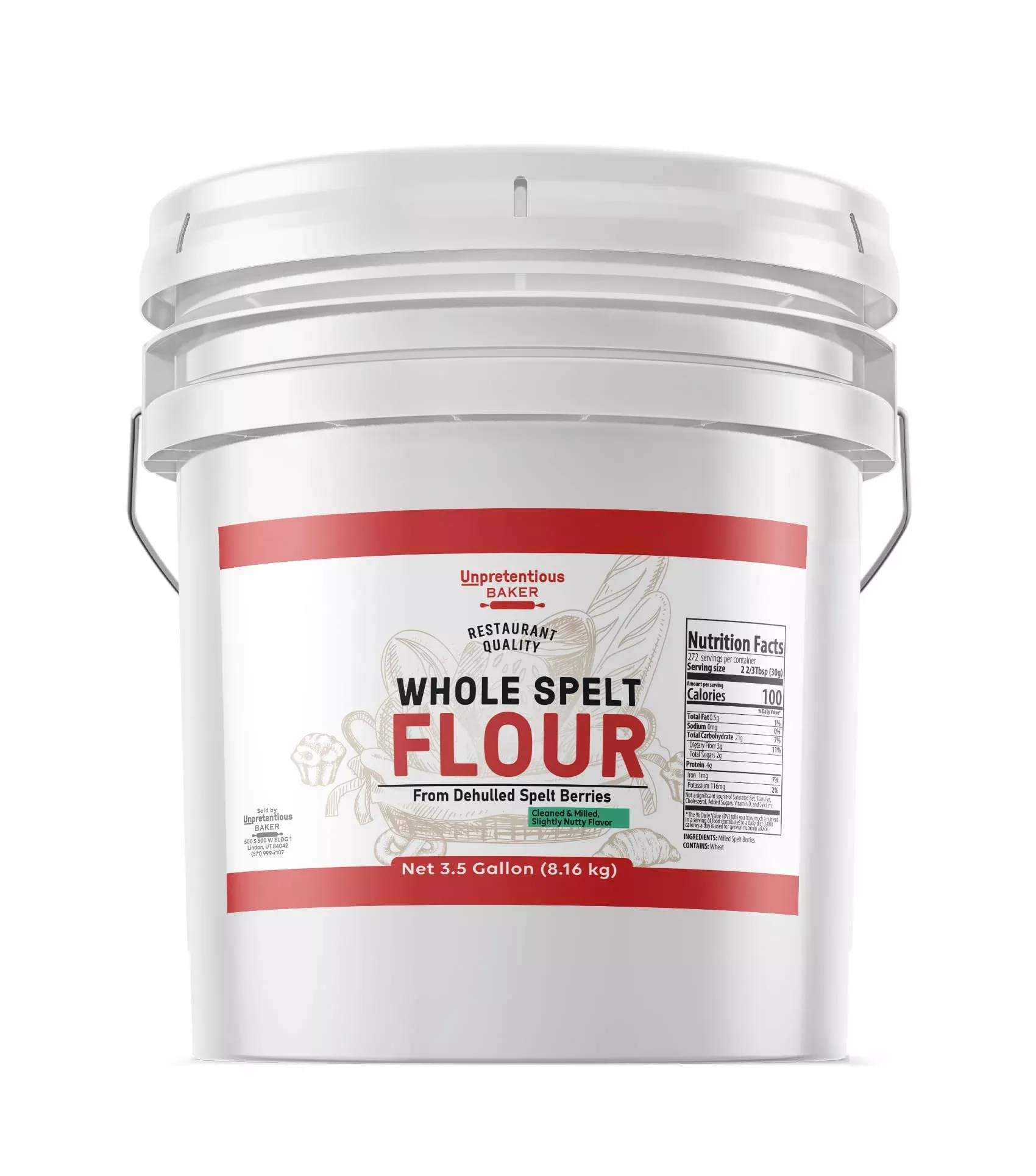 Unpretentious Whole Spelt Flour, 3.5 Gallon Bucket, Light & Airy Flour, From Dehulled Spelt Berries