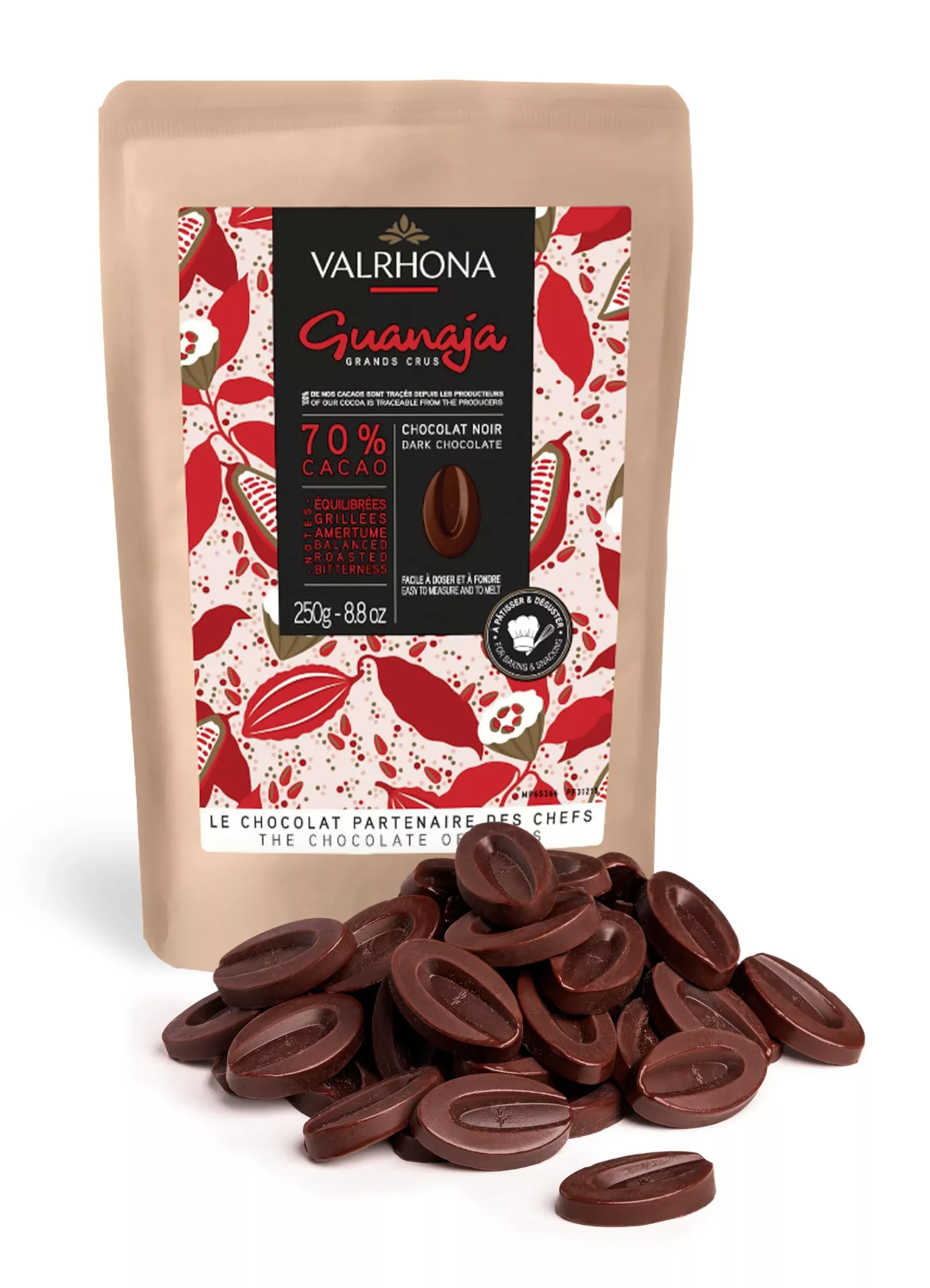 valrhona-premium-french-baking-dark-chocolate-discs-feves-classic-guanaja-70-cac Valrhona Premium French Baking Dark Chocolate Discs (Feves). Classic Guanaja 70% Cacao. Easy Melt. Easy To Chop. Intense & Smooth With Bitter Notes. Sauces, Cakes, Mousses, Frostings 250G (Pack Of 1)