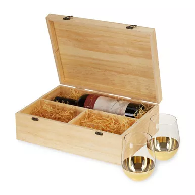 wood-wine-box-with-set-2-stemless-glasses-by-twine-living Wood Wine Box with Set of 2 Stemless Glasses by Twine Living