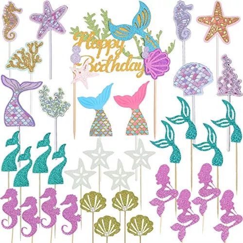 wootkey-glitter-mermaid-theme-birthday-cake-topper-under-sea-party-supplies-cake Wootkey Glitter Mermaid Theme Birthday Cake Topper Under The Sea Party Supplies Cake Decoration Cupcake Toppers 36 Pcs Mermaid T