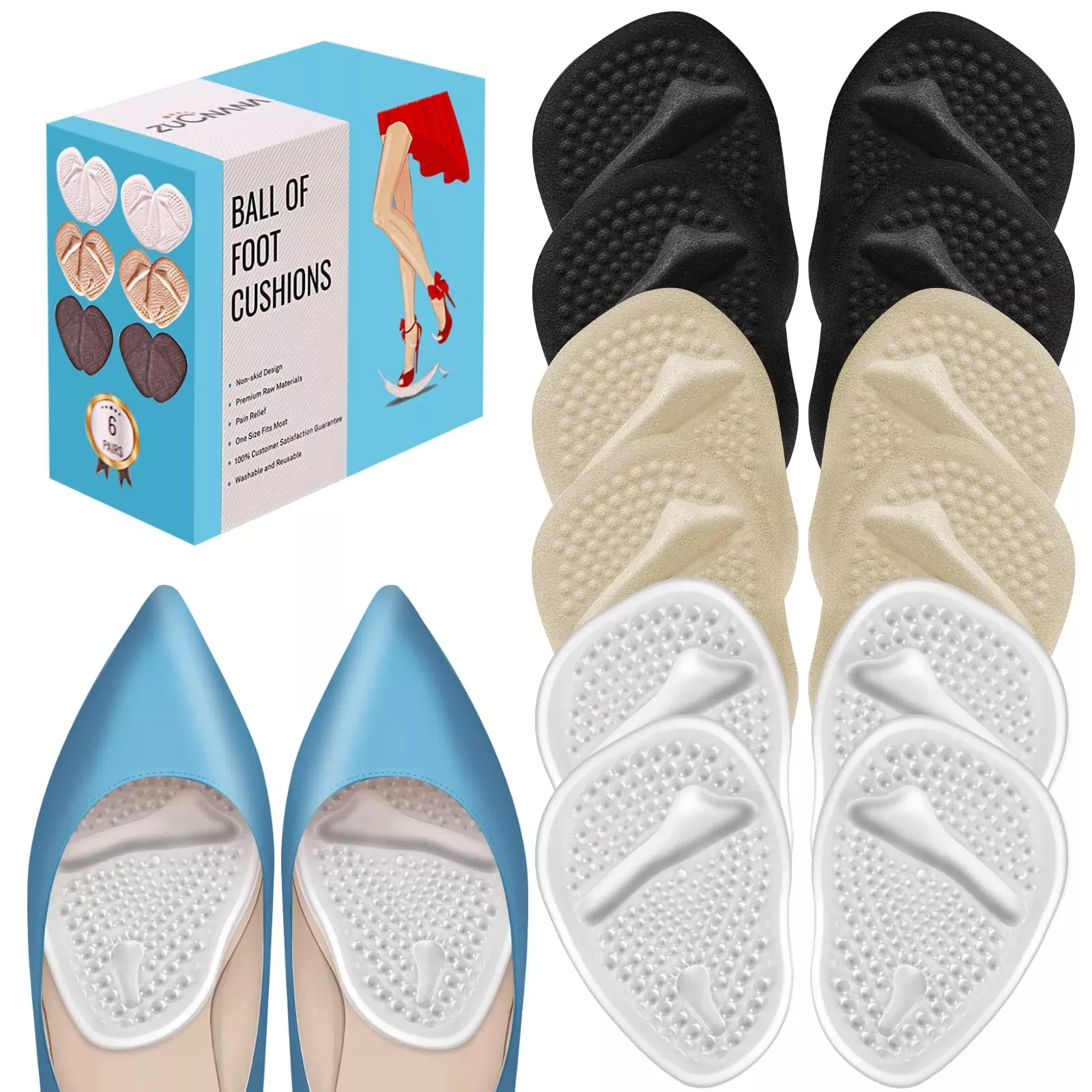 zucnana-metatarsal-pads-ball-foot-cushions-6-pairs-non-slip-high-heel-cushion-in Zucnana Metatarsal Pads Ball Of Foot Cushions (6 Pairs), Non-Slip High Heel Cushion Inserts Women, One Size Fits All Shoe Insert